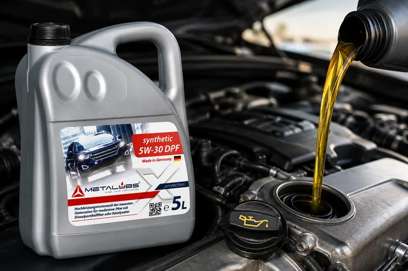 Metalubs 5W-30 DPF Motoröl und Einfüllen von Öl am Motor – Symbolbild